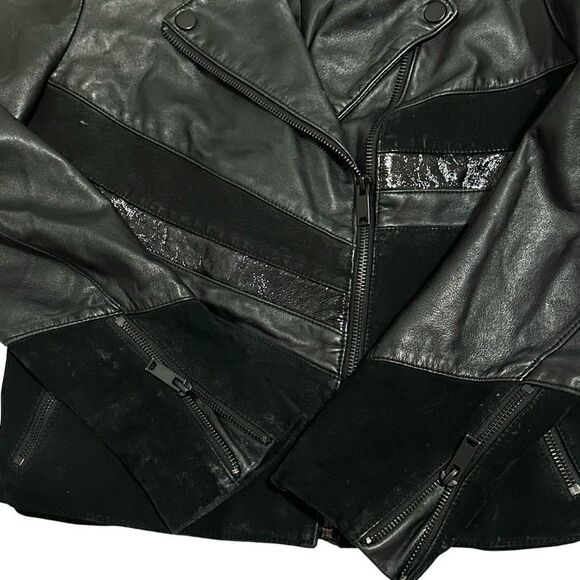 Slate & Willow Mixed Media Colorblock Moto Leather Jacket, size S - Picture 10 of 14